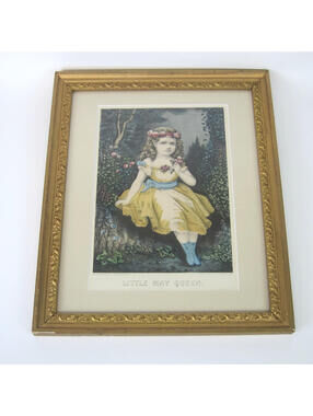 Currier & Ives Hand Colored Lithograph Print Little May Queen Girl Gold Frame